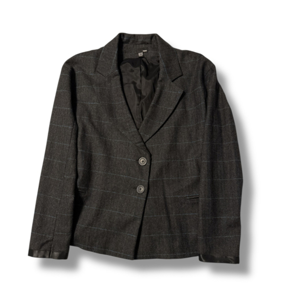 H&M Blazer Size 14 Gray Blue Plaid Wool 2 Button Jacket Satin Trim